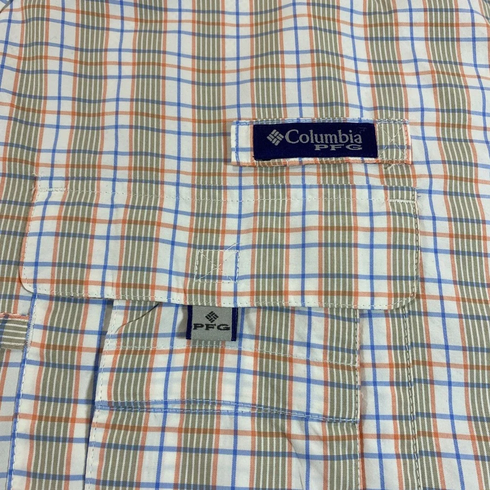 Columbia PFG‎ Super Bahama Fishing Shirt Mens XL Orange Blue Plaid Short Sleeve